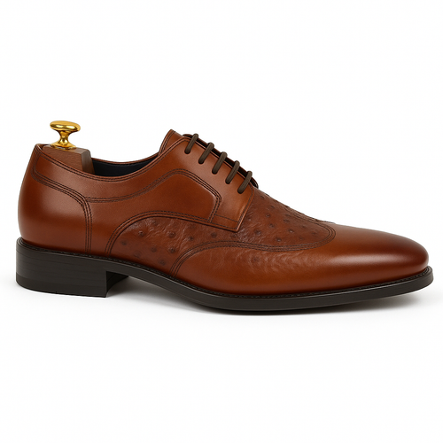 Mens Carrucci Ostrich Embossed Leather Wingtip Dress Shoe in Oxblood