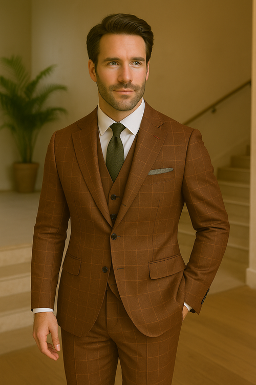 Wool Suit - Italian Made Business Suit by Statement Men's 3 Piece 100% Wool Modern Fit Suit - V-Neck Double Breasted Vest