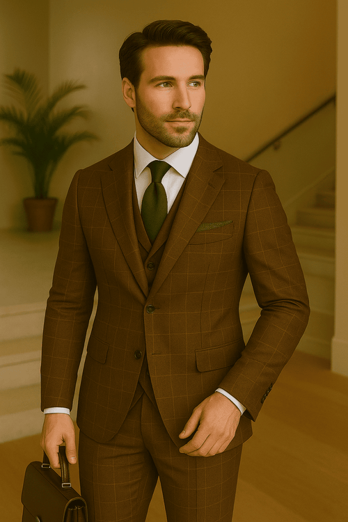 Wool Suit - Italian Made Business Suit by Statement Men's 3 Piece 100% Wool Modern Fit Suit - V-Neck Double Breasted Vest