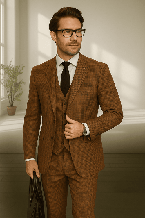 Wool Suit - Italian Made Business Suit by Statement Men's 3 Piece 100% Wool Modern Fit Suit - Micro Checker Pattern