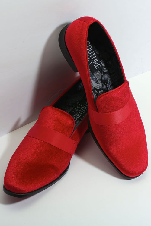 Red Lincoln Red Couture 1910 tuxedo shoes: pointed toe, low profile, vibrant red fabric upper with satin strap. Black sole. Patterned insole for added detail.