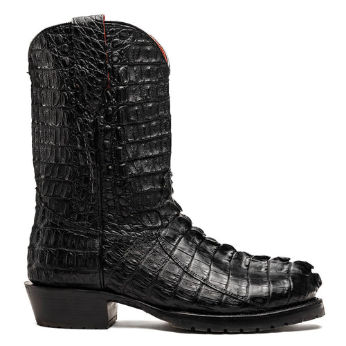 Hornback crocodile cowboy boots: black leather, textured scales. Pointed toe, tractor sole, slight heel. Rugged yet refined.