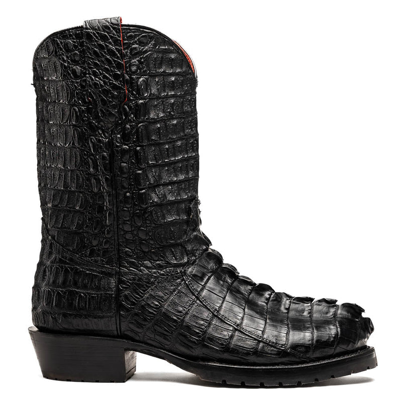 Hornback crocodile cowboy boots: black leather, textured scales. Pointed toe, tractor sole, slight heel. Rugged yet refined.