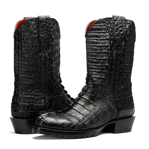 Marco Di Milano Marlboro Black cowboy boots: tall, black hornback crocodile tail. Pointed toe, tractor sole, slight heel. Red lining. Vertical stitching, shiny finish, distinct scales.