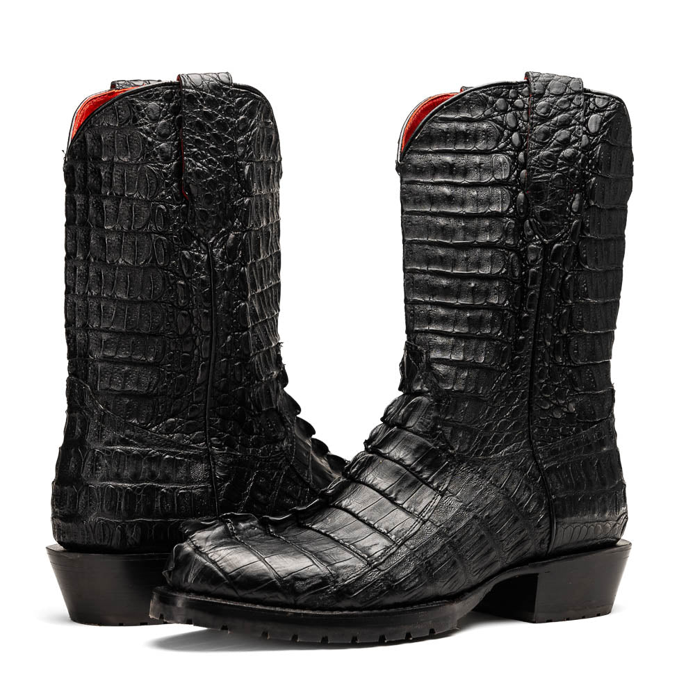 Marco Di Milano Marlboro Black cowboy boots: tall, black hornback crocodile tail. Pointed toe, tractor sole, slight heel. Red lining. Vertical stitching, shiny finish, distinct scales.