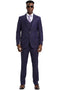Men's Stacy Adams eggplant purple pinstripe suit. Fitted, one-button blazer with peak lapels. Matching vest. Tailored, straight-cut trousers. Smooth material.