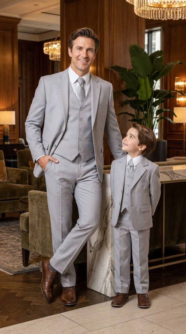 Dad and Son Suit ā Father and Son Matching Light Gray 3-Piece Wedding Suits in Very Light Grey - Silver Ash Color