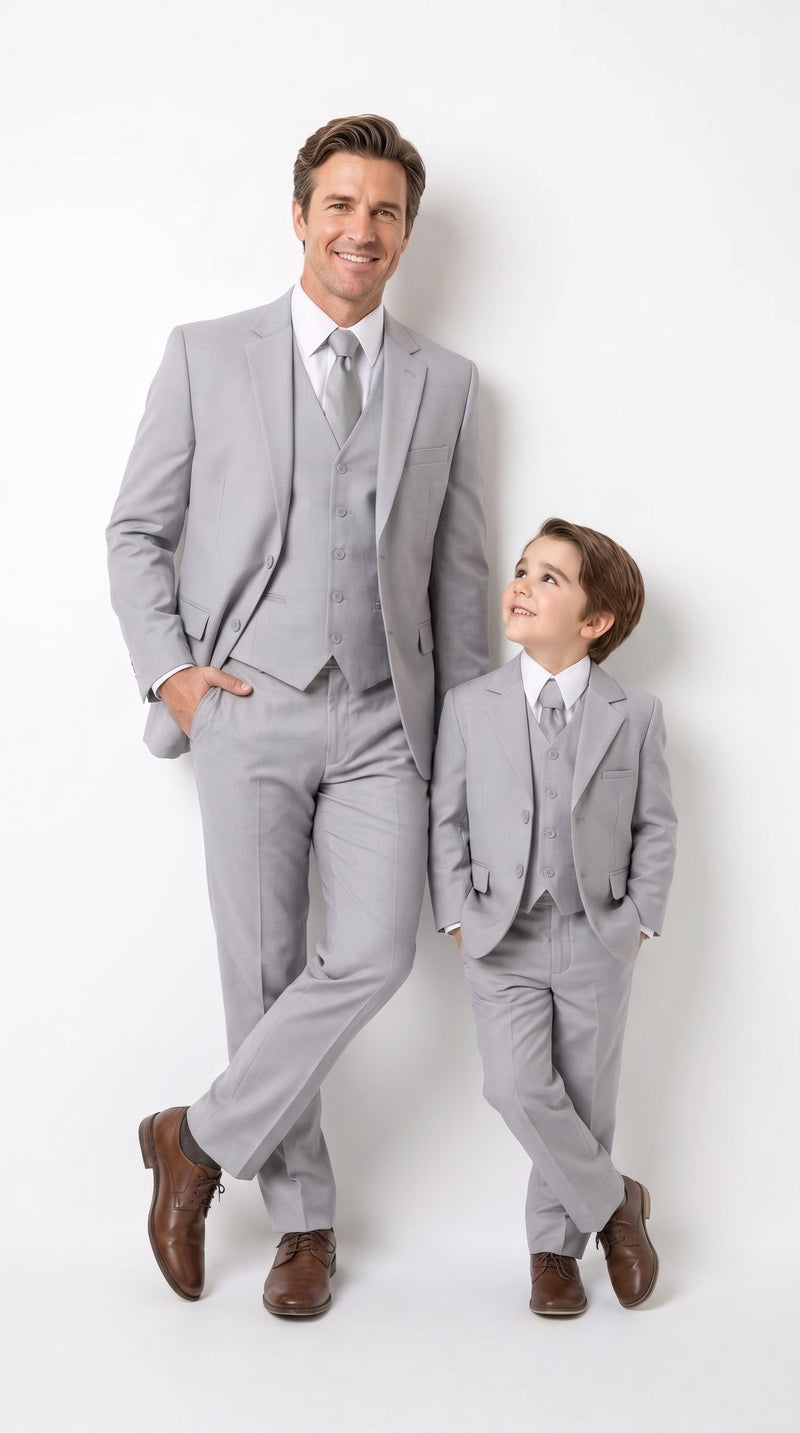 Dad and Son Suit ā Father and Son Matching Light Gray 3-Piece Wedding Suits in Very Light Grey - Silver Ash Color