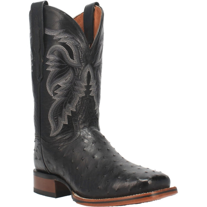 Dan Post Alamosa men's boots: Black full quill ostrich leather with a pointed square toe. Detailed stitching on the shaft, medium heel, and side cut-out accents.