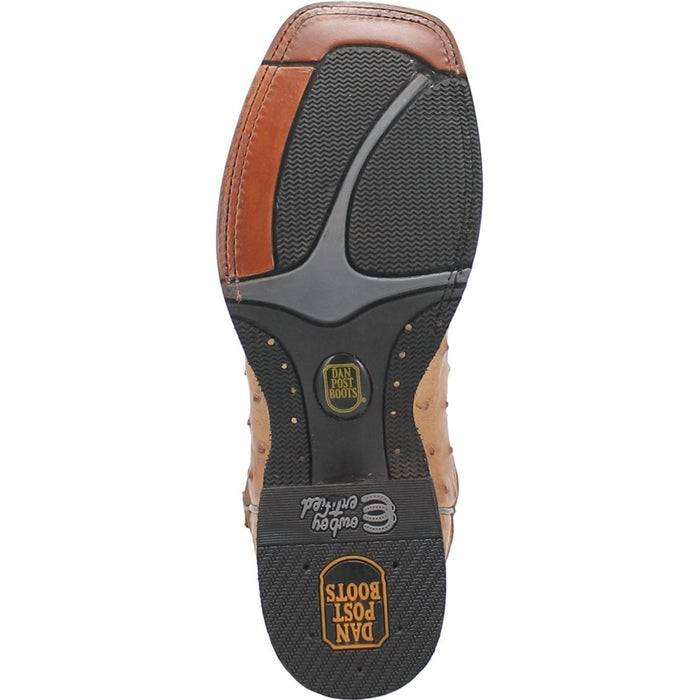Black rubber sole of Dan Post Alamosa men's boots. Features a tread pattern, brown leather heel, "DAN POST BOOTS" logo, and "sudden-outfit" text near the arch.