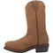 Dan Post Men's Alburquerque work boots: Tall tan leather boots with a rounded toe, smooth finish, and subtle stitching. Featuring a back zipper for closure and a rubber outsole for traction.