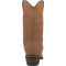 Dan Post Men's Alburquerque work boots: Tall, smooth brown leather upper with rounded toe. Slight V-shape at back. Elevated sole with stacked heel. Clean, pattern-free design.