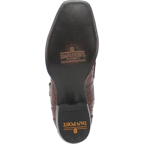 Dan Post men's Stalker boots: Dark brown caiman belly leather, square toe. Black sole with rounded shape and branding. Slightly elevated heel for structure.