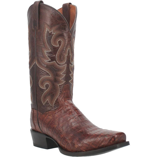 Dan Post Men's Stalker boots: Genuine caiman belly leather. Brown, textured shaft with decorative stitching. Square toe design for a sturdy appearance and a slightly elevated heel.