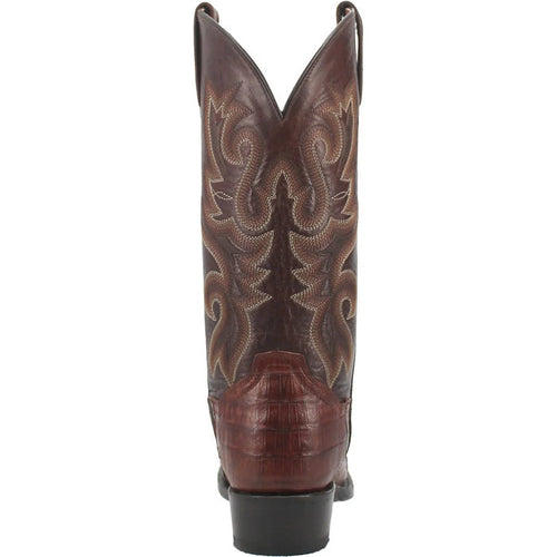 Dan Post men's Stalker boots: square toe, tall shaft. Caiman belly & brown leather blend. Contrasting stitch detail on back. Distinct heel design.