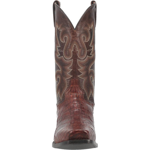 Dan Post men's Stalker boots. Genuine brown caiman belly leather, square toe, and tall shaft with detailed contrasting stitching. Flat sole with a slight heel.