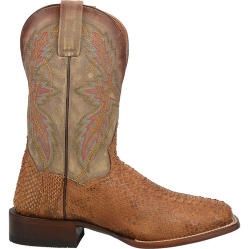 Dan Post Dry Gulch Python boots: Men's snakeskin boots with a tall, textured brown python shaft. Embroidered leaf design on the light brown/beige upper. Square toe, stacked heel.