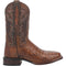 Dan Post Kingly boots: Genuine brown caiman belly leather, square toe, embroidered shaft. Smooth upper, scaled lower section. Slightly raised heel, visible stitching.