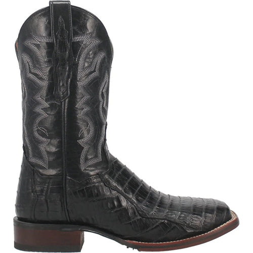 Dan Post Men's Pershing boots: Black, textured full quill ostrich leather with detailed silver stitching on the shaft. Round toe, stacked heel.