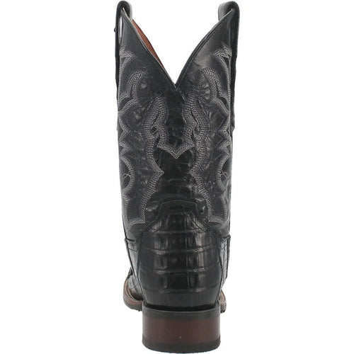 Dan Post Men's Pershing boots: Full quill ostrich leather with a tall shaft, pointed back, and intricate stitching. Features black textured leather upper, rounded toe, and leather heel.