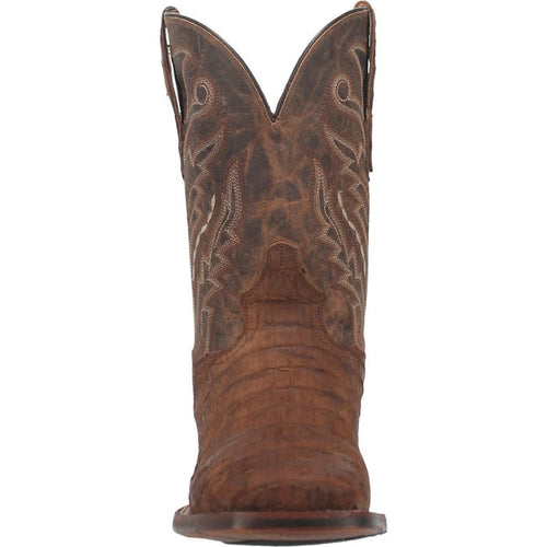 Dan Post Bayou boots: genuine caiman belly, square toe, brown leather. Textured finish with scale details, pointed shaft, intricate stitching. Short stacked heel for stability.