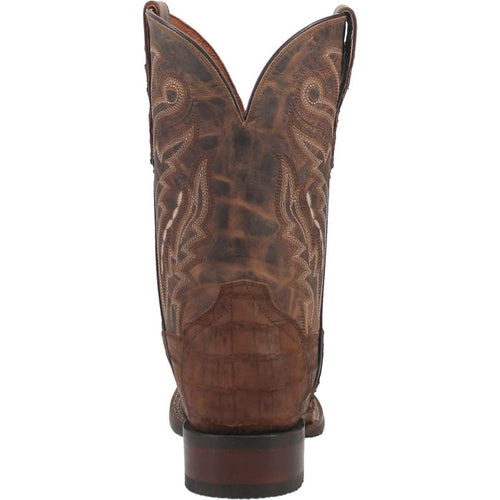 Dan Post men's Bayou boots: genuine caiman belly, brown textured leather. Square toe, detailed shaft stitching, and a low heel.