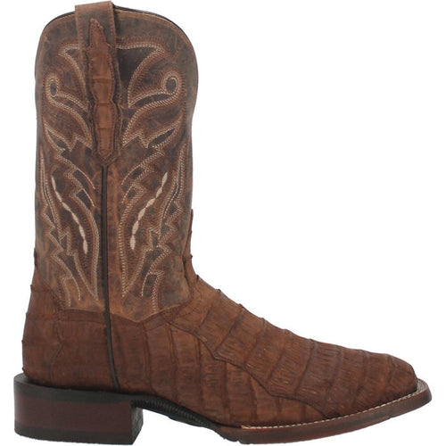 Dan Post Men's Bayou boots: genuine caiman belly leather, square toe, pull-on design. Rich brown color, distinctive stitching, stacked leather-look sole. Scaled texture.