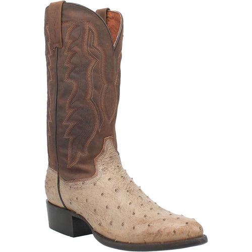 Dan Post Pershing boots: Men's round toe with brown leather shaft, western stitching, and tan full quill ostrich foot. Square toe, low stacked heel.