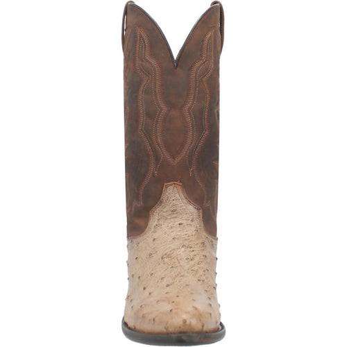 Dan Post Pershing boots: Men's round-toe boots with tall shaft and decorative yoke. Dark brown leather upper, light beige quill ostrich foot. Black soles.