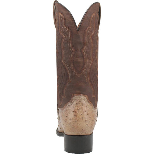 Dan Post Pershing boots: Men's full quill ostrich. Tall shaft, v-top opening, intricate stitching on brown leather upper. Lighter ostrich base, contrasting texture. Black rubber sole.
