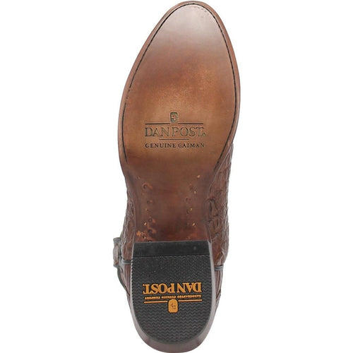 Dan Post Kershaw men's boots: full quill ostrich leather. Polished brown, square toe. Durable rubber sole with tread and branding.