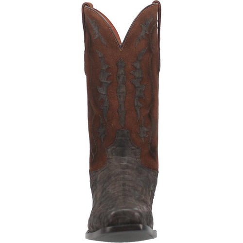 Dan Post Kingly boots: Men's caiman belly square toe. Tall shaft with brown suede upper and textured, dark brown caiman belly. Decorative stitching. Black, flat outsole.