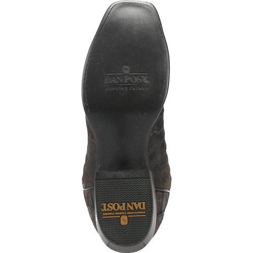 Dan Post Men's Kingly boots: Dark brown caiman belly leather, square toe. Smooth sole, slight heel, and subtle branding.