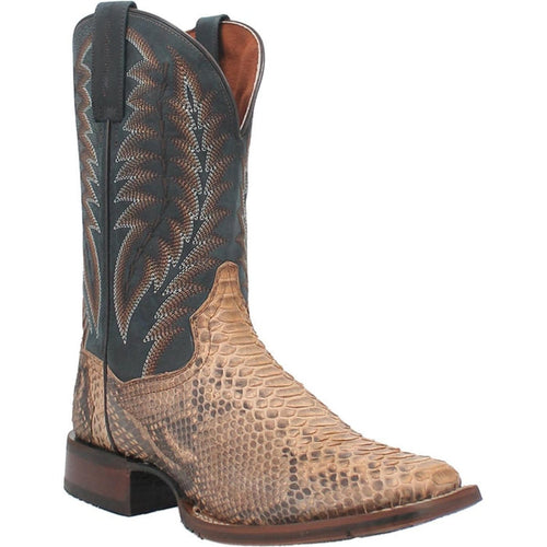 Dan Post Templeton Python boots: Beige snakeskin lower, dark upper with zigzag stitch detail. Square toe, block heel for stability. Stylish, textured design.