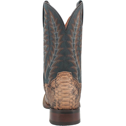 Dan Post Templeton Python boots: Men's tall shaft boots with blue leather and beige python accents. Detailed stitching on shaft. Square toe, brown leather sole, and stacked heel.