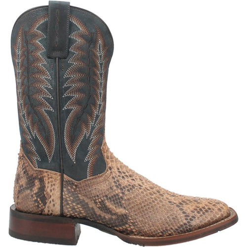 Dan Post Templeton Python boots: Beige snakeskin texture with a blue-grey shaft and detailed stitching. Square toe, stacked heel. Distinctive Western style.