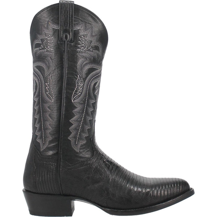 Dan Post Winston men's boots: Genuine black lizard leather. Tall shaft, round toe, and stacked heel. Elegant stitching details on the upper for visual appeal.