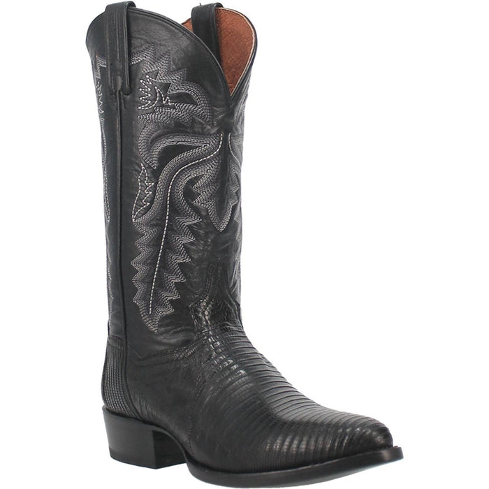 Dan Post Men's Winston boots: Genuine lizard leather, black with textured finish. Intricate stitched shaft, round toe, slight heel. Pull tabs aid wear. Structured silhouette.