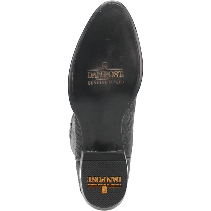 Dan Post Winston boots. Men's genuine lizard leather. Black leather sole, textured finish. Round toe. Branding visible on the sole.