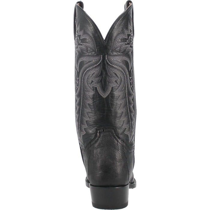 Dan Post Winston boots: Black genuine lizard skin with round toe. Western-style design with decorative stitching. Solid heel for stability. Smooth sole.