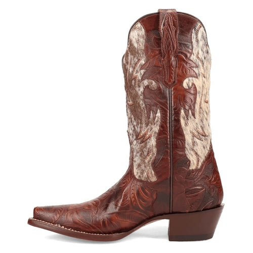 Dan Post Andrinna women's snip toe leather boots with tall, embossed shaft & chunky heel. Rich brown with lighter panel & intricate floral design. Smooth/textured leather blend for a modern take on traditional style.