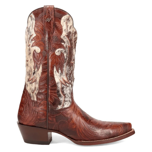 Dan Post Andrinna snip toe boots. Brown leather with floral embossing and fur accents. Curved shaft, narrow snip toe, and stacked heel. Distinctive contrast and feminine design.