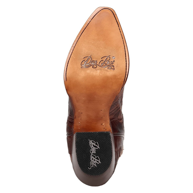 Brown Dan Post Andrinna snip-toe leather boots. Pointed toe, leather sole with black rubber heel cap. Intricate stitching details for enhanced structure. Smooth finish.