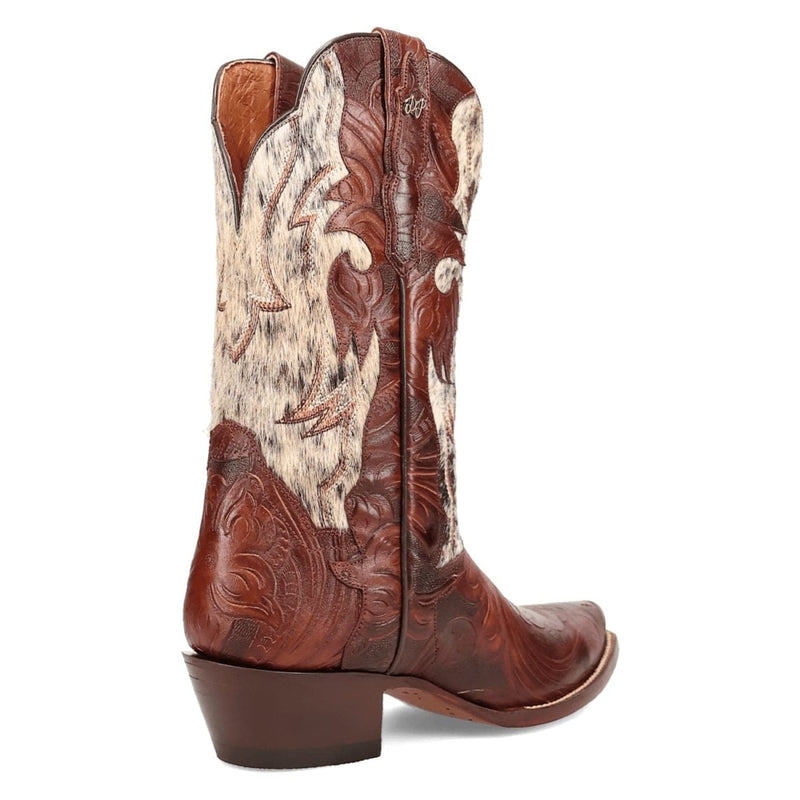 Dan Post Women's Andrina boots. Brown leather with tooling, light animal print panel, snip toe, and short heel. Pull-on design with side stitching.