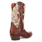 Dan Post Women's Andrina boots. Brown leather with tooling, light animal print panel, snip toe, and short heel. Pull-on design with side stitching.