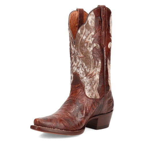 Dan Post Women's Andrinna boots: brown leather, snip toe, decorative stitching. Contrasting patterned panel, slightly raised heel. Floral embossing, traditional western silhouette.