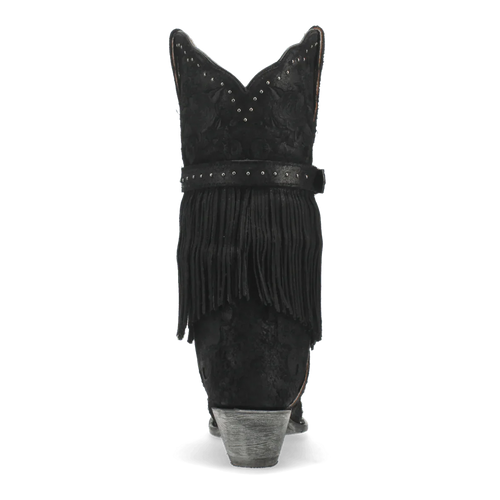 Dan Post women's Bed of Roses boots: Black leather, floral design, snip toe. Ankle fringe/studs. Block heel with metallic finish. Classic cowgirl boot silhouette, mid-calf shaft.