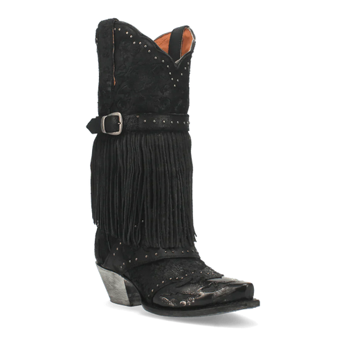 Dan Post Women's Bed of Roses boots: Black leather with a suede-like upper, fringe, and studs. Snip toe and slightly elevated heel with a metallic finish.
