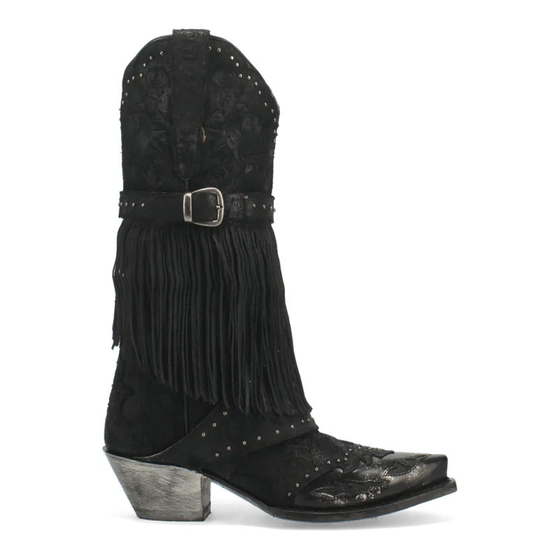 Dan Post Bed of Roses women's boots. Black leather, snip toe, fringe detailing. Floral patterns, silver studs, and a metallic heel. Decorative ankle buckle.