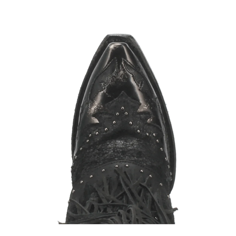 Dan Post Women's Bed of Roses black leather boots. Snip toe, decorative fringe, and metal studs.